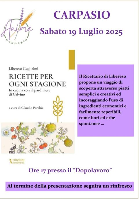 Carpasio sabato 19 luglio un omaggio a Libereso Guglielmi tra cucina, salute e sostenibilità