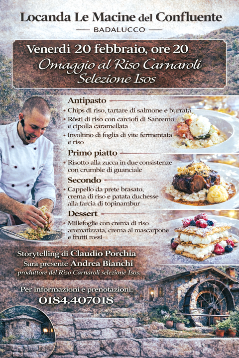 Il Riso Carnaroli apre il racconto delle serate d’autore alle Macine del Confluente di Badalucco