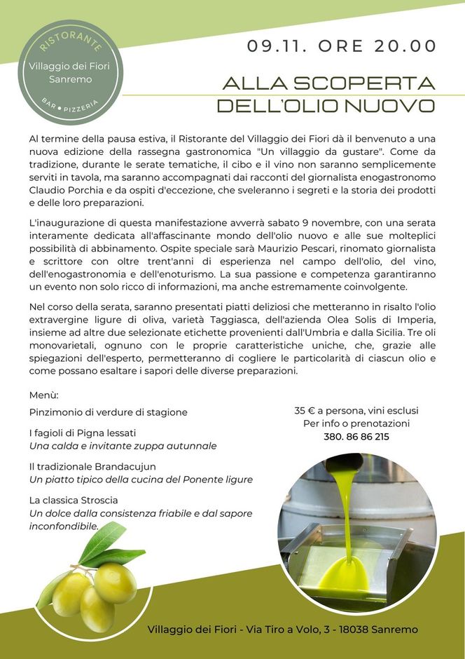 Sanremo: al via la rassegna gastronomica Un Villaggio da Gustare. Sabato 9 Novembre: un appuntamento imperdibile alla scoperta dell'olio con Maurizio Pescari Sanremo: al via la rassegna gastronomica Un Villaggio da Gustare. Sabato 9 Novembre: un appuntamento imperdibile alla scoperta dell'olio con Maurizio Pescari
