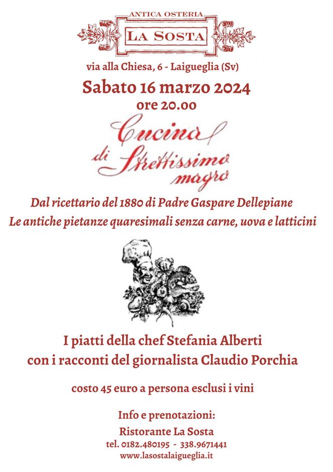 Laigueglia: sabato 16 marzo una cena di "Strettissimo Magro" al ristorante La Sosta