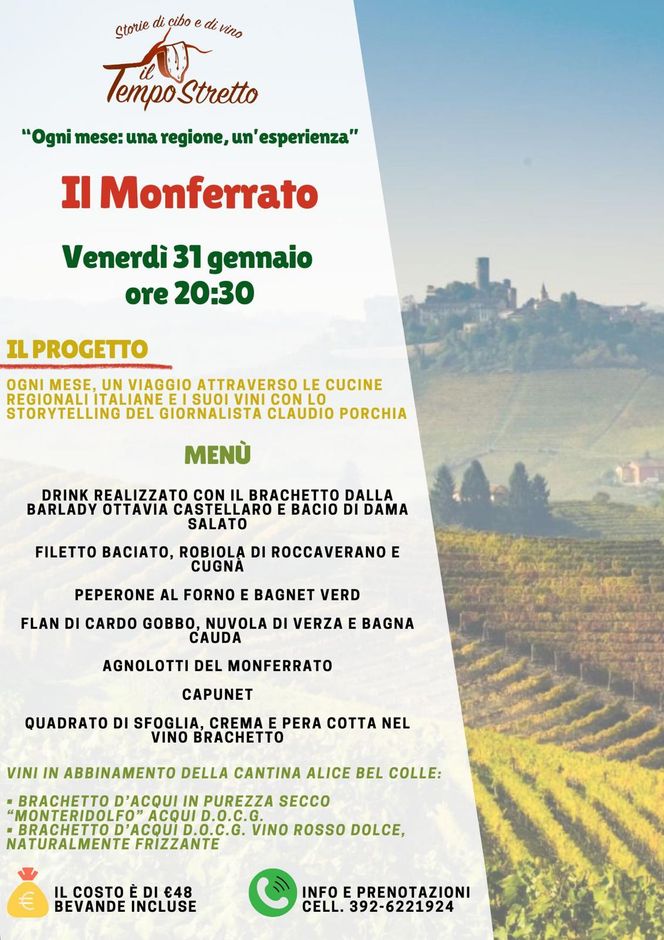 L'Osteria del Tempo Stretto di Albenga propone un viaggio attraverso le diverse cucine regionali italiane. Venerdì 31 gennaio protagonisti Il Monferrato e il vino Brachetto. L'Osteria del Tempo Stretto di Albenga propone un viaggio attraverso le diverse cucine regionali italiane. Venerdì 31 gennaio protagonisti Il Monferrato e il vino Brachetto.