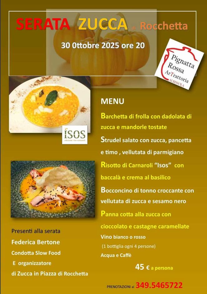 Albissola: la Zucca di Rocchetta protagonista all’Artrattoria Pignatta Rossa. Il 30 ottobre una serata speciale con la Comunità della Zucca di Rocchetta