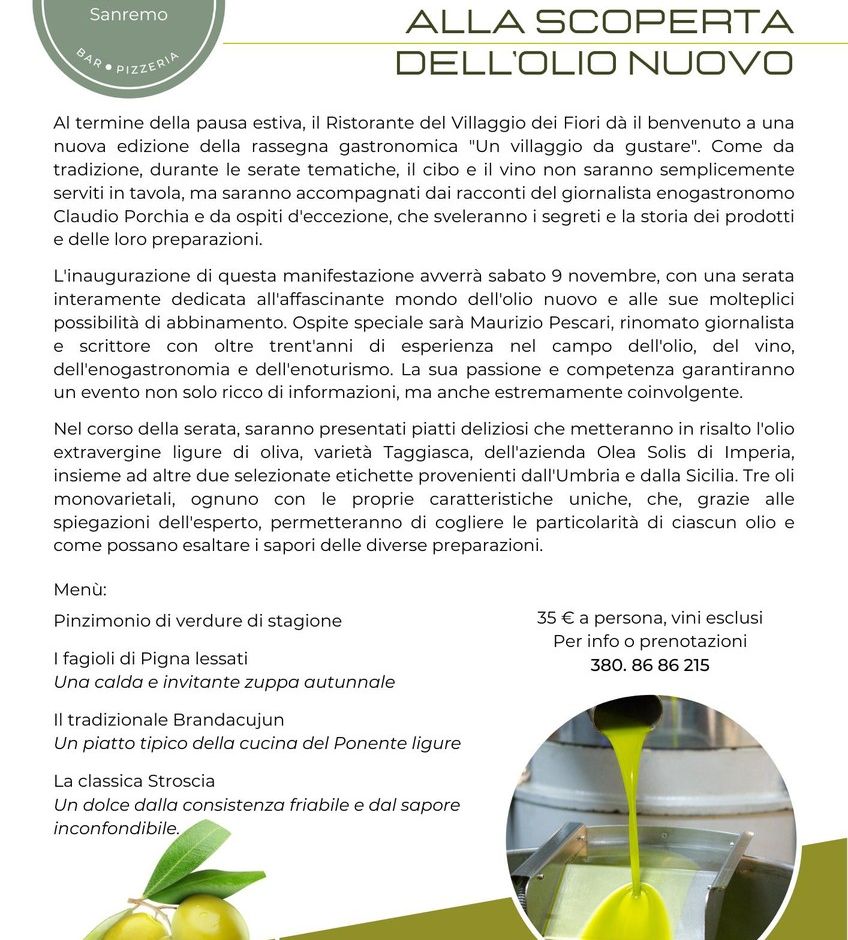 Sanremo: al via la rassegna gastronomica Un Villaggio da Gustare. Sabato 9 Novembre: un appuntamento imperdibile alla scoperta dell'olio con Maurizio Pescari