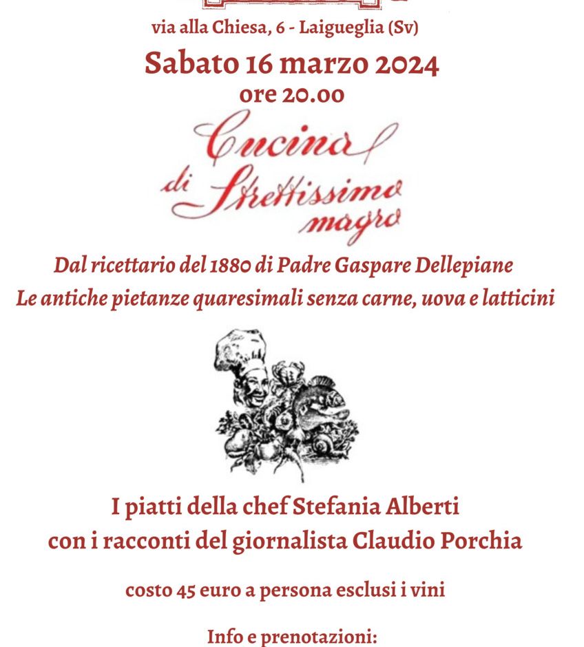 Laigueglia: sabato 16 marzo una cena di &quot;Strettissimo Magro&quot; al ristorante La Sosta