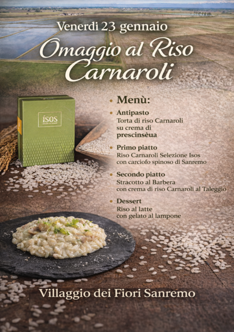 Sanremo- Villaggio dei Fiori: venerdì 23 gennaio una cena-evento dedicata al Riso Carnaroli tra gusto, racconto e territorio