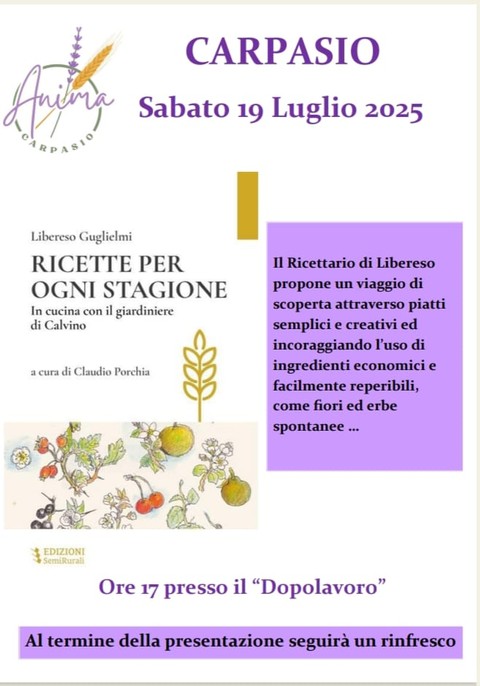 Carpasio sabato 19 luglio un omaggio a Libereso Guglielmi tra cucina, salute e sostenibilità