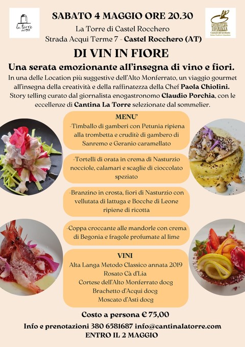 Castel Rocchero (AT): Di Vin in Fiore, una serata alla scoperta della cucina con i fiori in abbinamento ai migliori vini della cantina La Torre