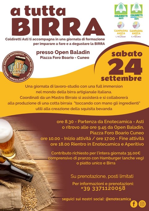 Il 24 settembre Coldiretti Asti proporrà una giornata di formazione sulla birra, alla Baladin di Cuneo