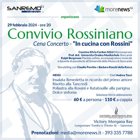 Sanremo: torna il Convivio Rossiniano, una cena gourmet con un elegante programma musicale ed un appassionante storytelling