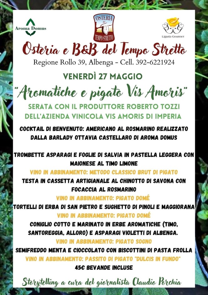 Tempo Stretto di Albenga: venerdì 27 maggio una cena dedicata alle Erbe aromatiche e Pigato